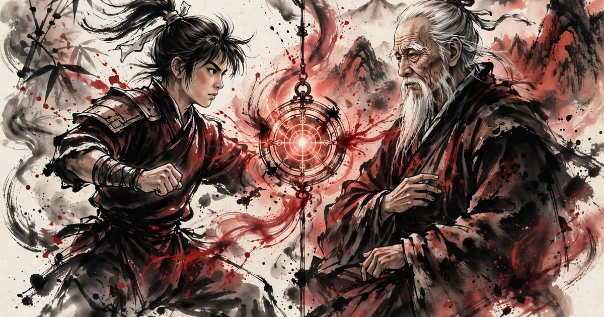 Kung fu fighter shown young on one side and as an old master on the other, split by a glowing amulet