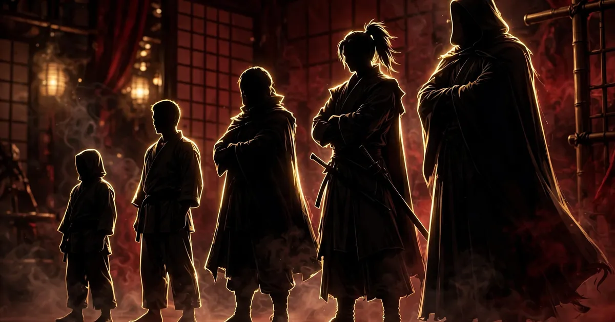 Five shadowy martial arts master silhouettes ranked in a line against a dark red dojo
