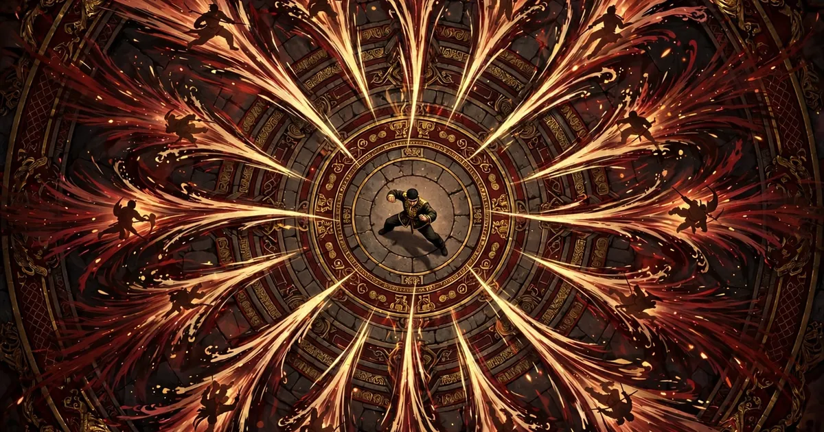 Circular fighting arena viewed from above with a lone martial artist surrounded by opponents