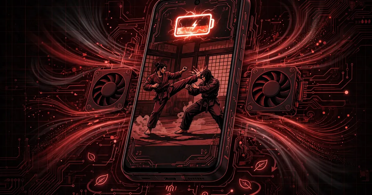 Android phone with glowing battery icon and martial arts game, cooling waves, dark tech illustration