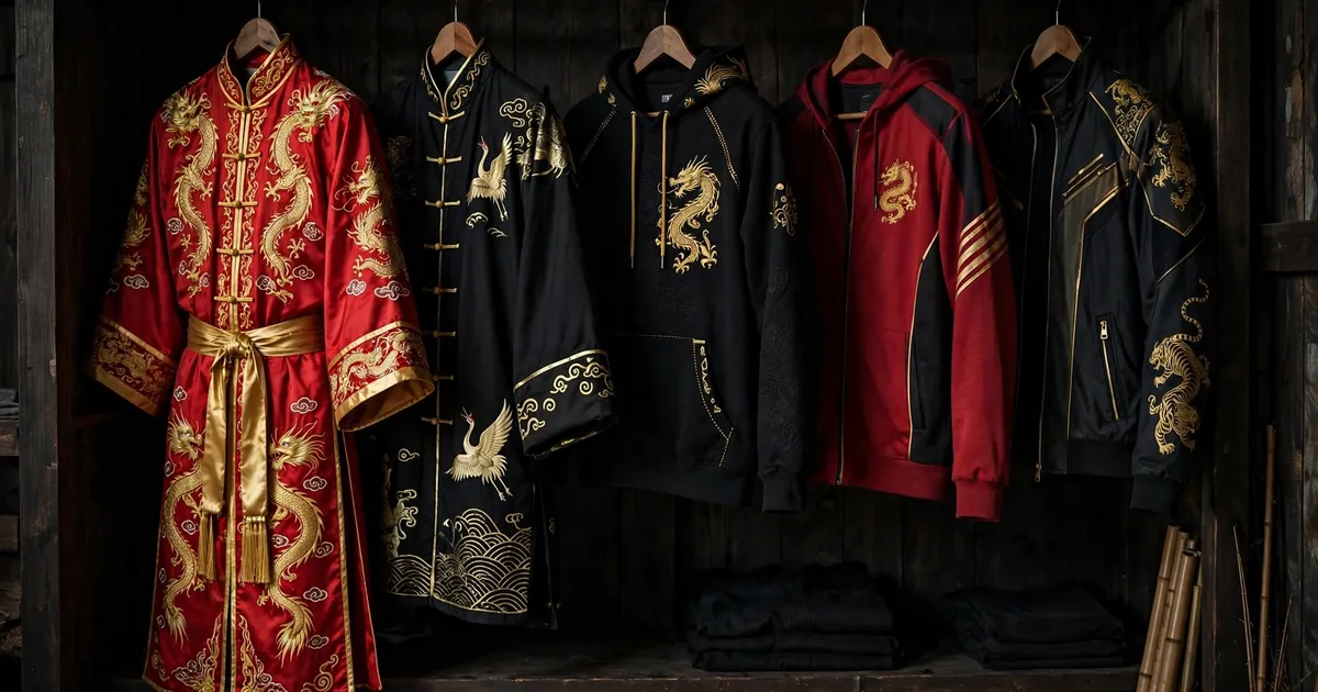 Kung fu fighter outfit variations in a dark dojo wardrobe, red black and gold costumes