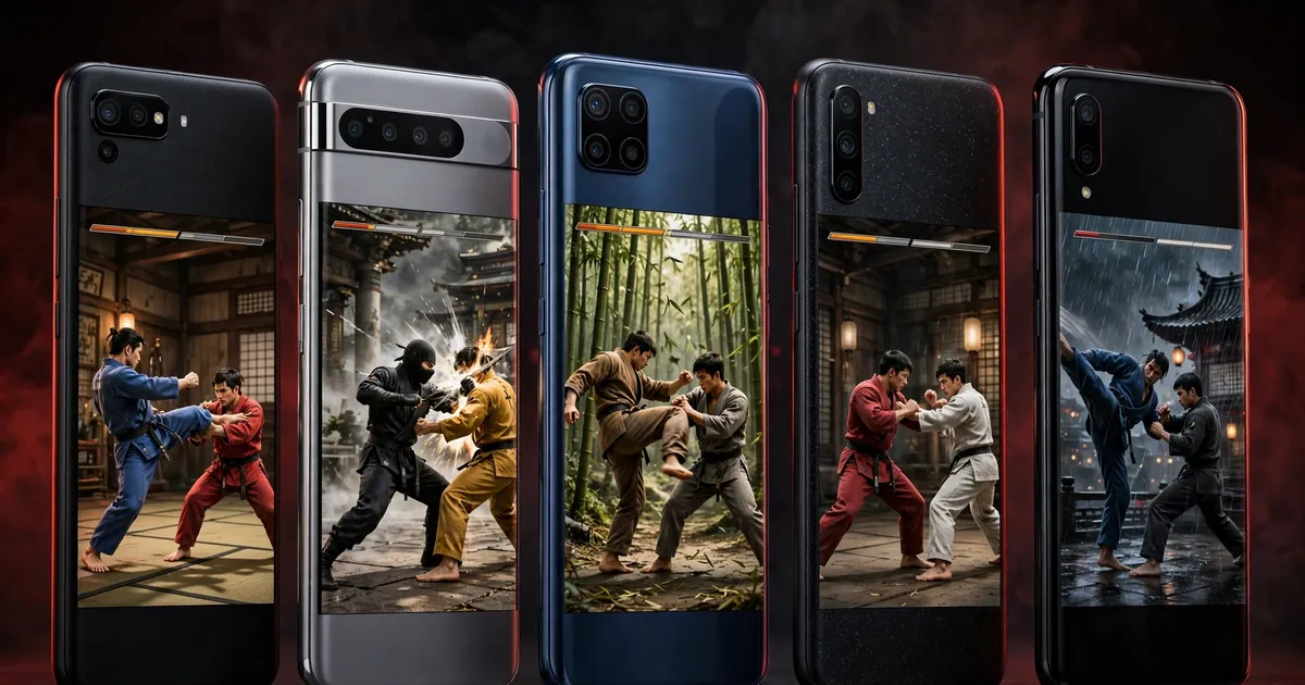 Lineup of premium Android smartphones showing a martial arts game, dark studio red lighting