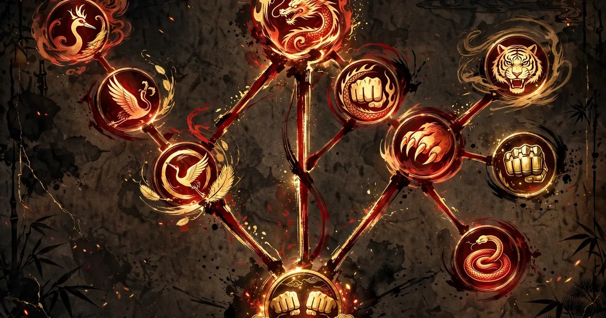 Glowing martial arts skill tree with red and gold technique icons on dark parchment
