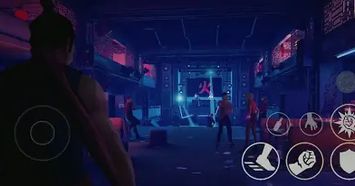 Kung fu fighter facing a staff-wielding boss in a neon-lit nightclub