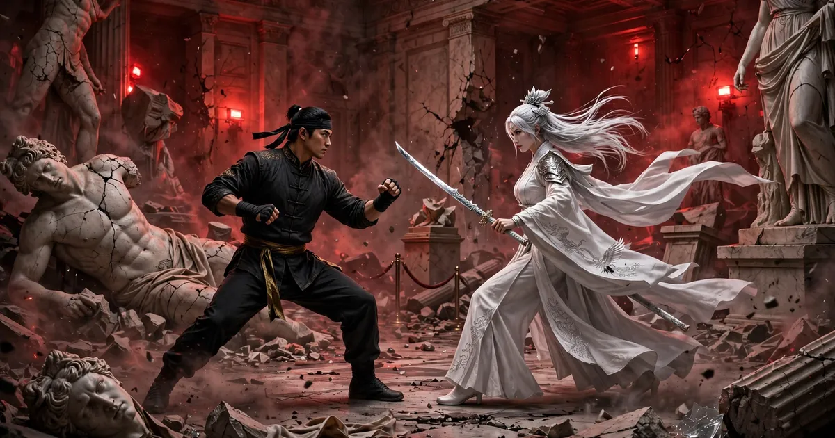 Kung fu fighter dueling swordswoman Kuroki among giant sculptures in a red-lit art museum