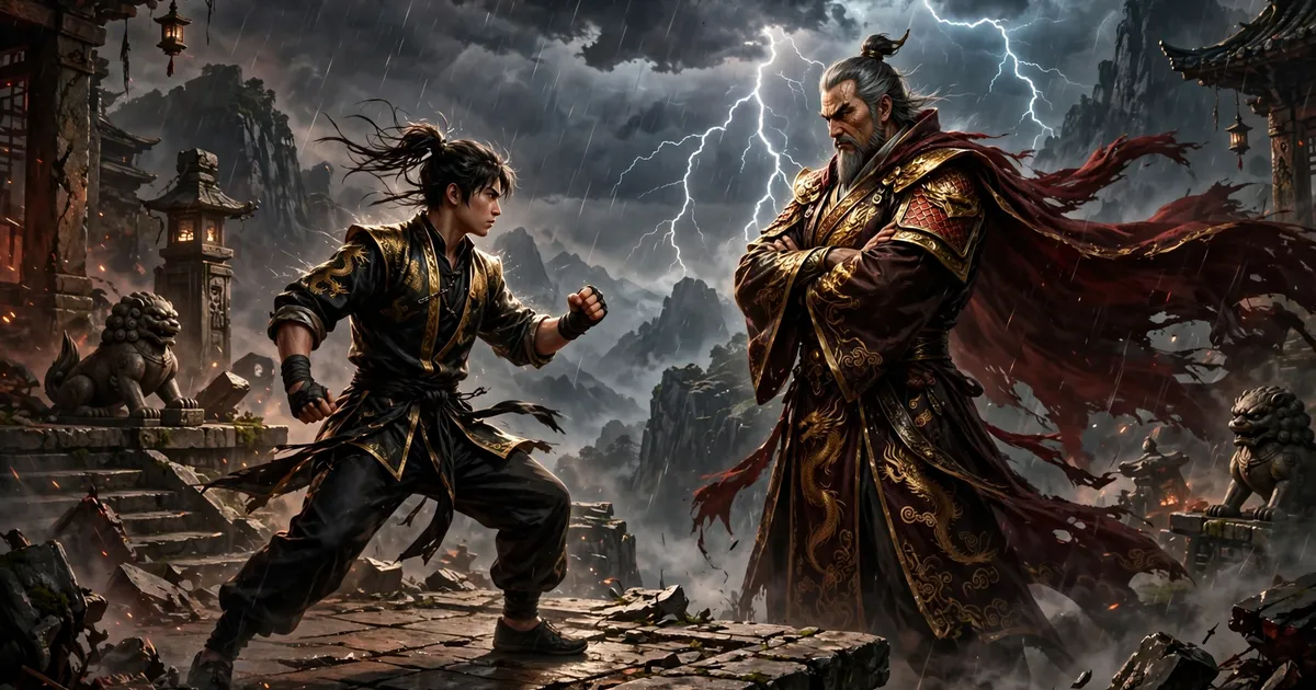 Kung fu fighter facing master Yang in a stormy mountaintop sanctuary with lightning