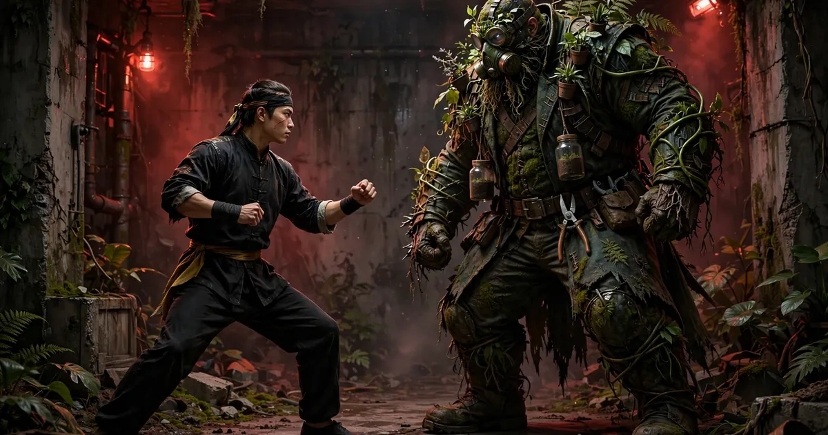 Kung fu fighter battling Fajar among overgrown plants in a dark concrete squat