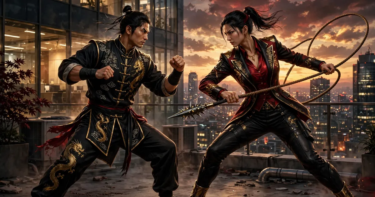 Kung fu fighter facing Jinfeng with her rope weapon on a corporate tower rooftop at dusk