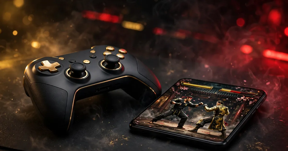 Wireless game controller beside an Android phone showing a martial arts game, red accent lighting
