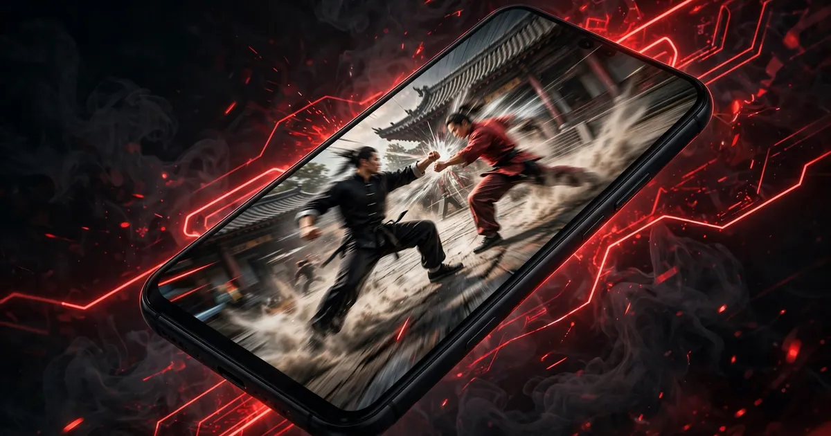 Smartphone at an angle showing a fast kung fu battle with motion blur, red neon glow