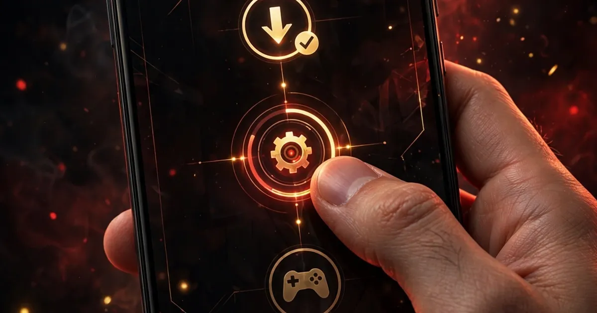 Hand tapping an install button for a martial arts game on an Android phone, red accent lighting