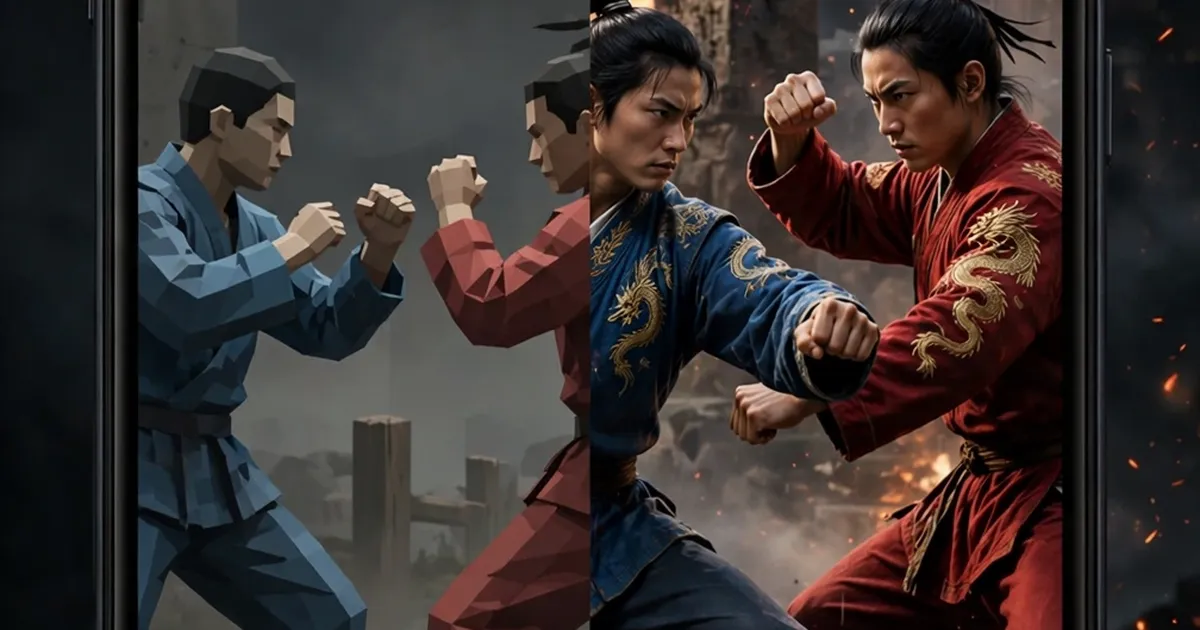 Phone screen split comparing low and ultra graphics of a kung fu fighting game