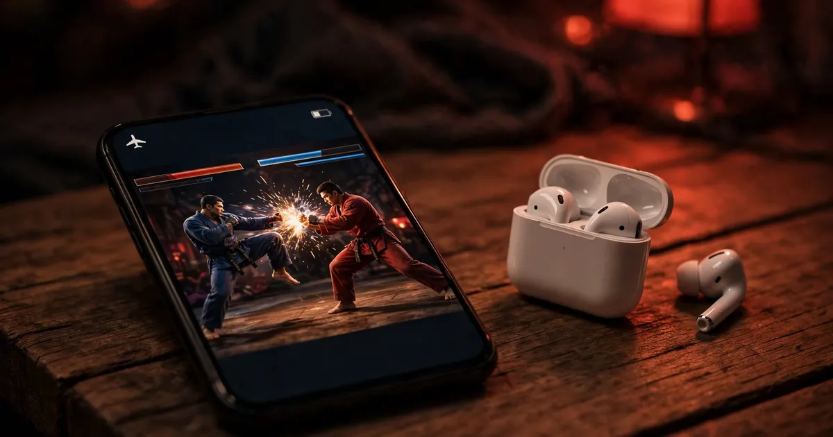 Smartphone in airplane mode with a martial arts game on screen, warm lamp light