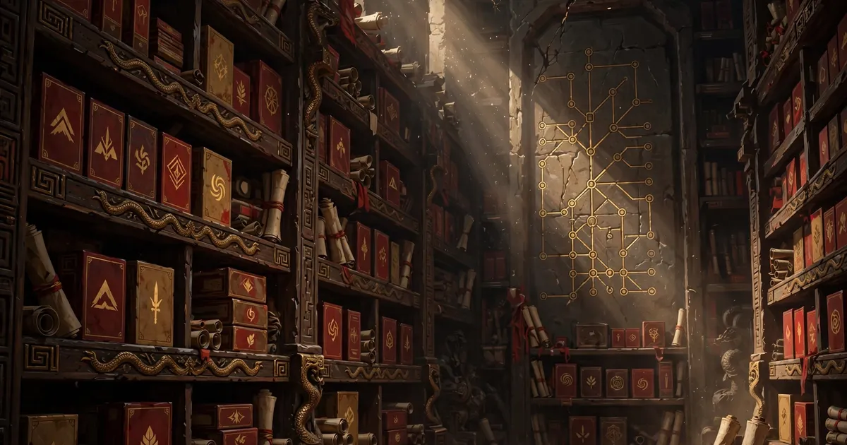 Archive shelves with game boxes and scrolls in a dark temple library, red and gold