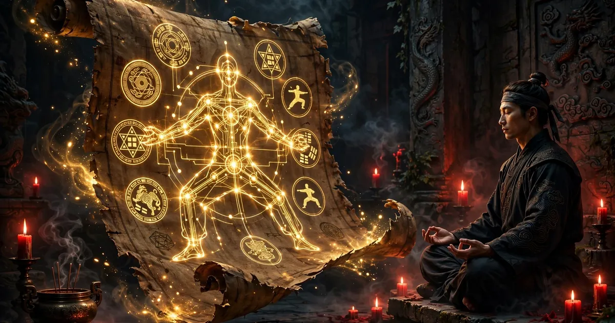 Ancient martial arts scroll with glowing technique diagrams beside a meditating fighter