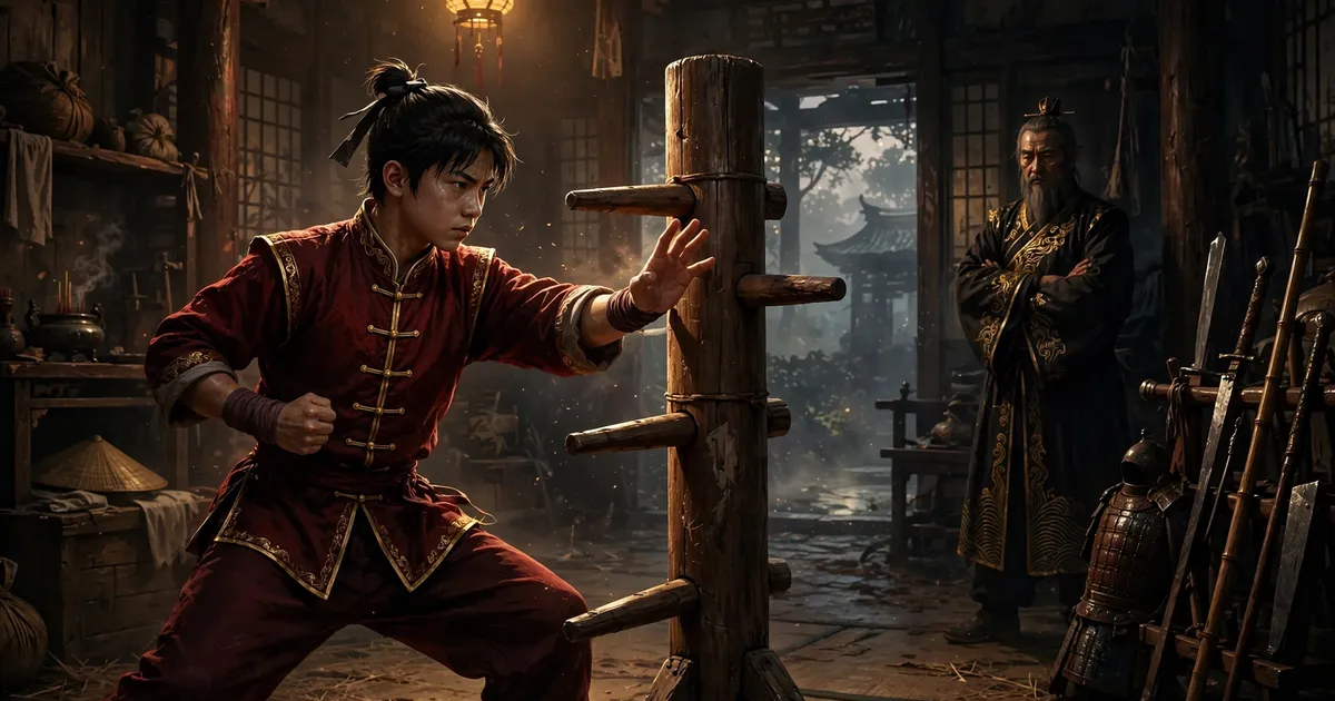 Young kung fu student training with a wooden dummy in a dim dojo at dawn
