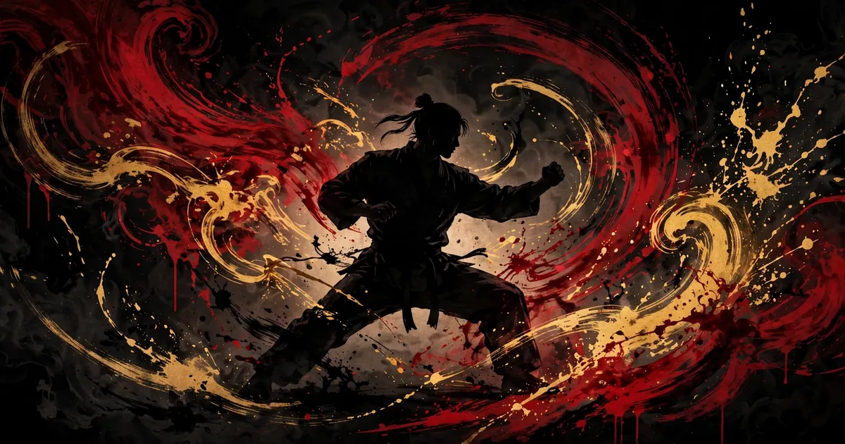 Cinematic artwork of a kung fu master in a burning dojo, red and gold tones