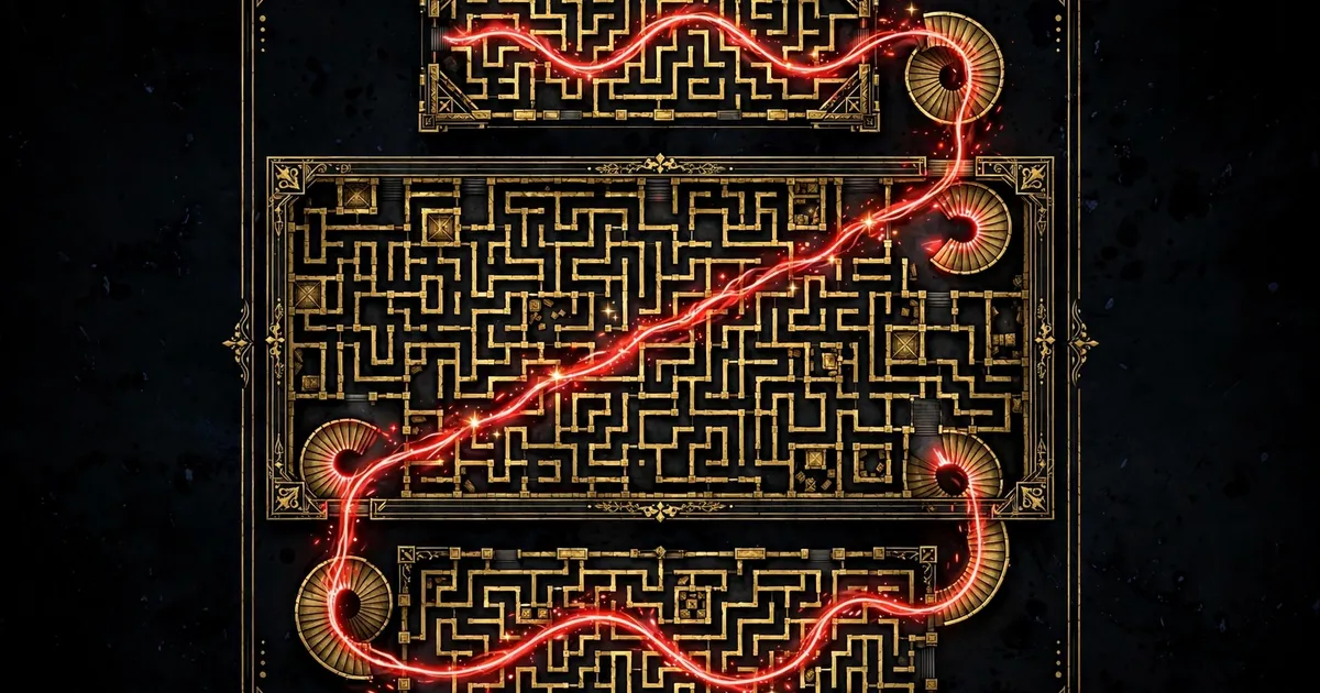 Top-down map of a multi-floor building with glowing red shortcut paths, gold highlights
