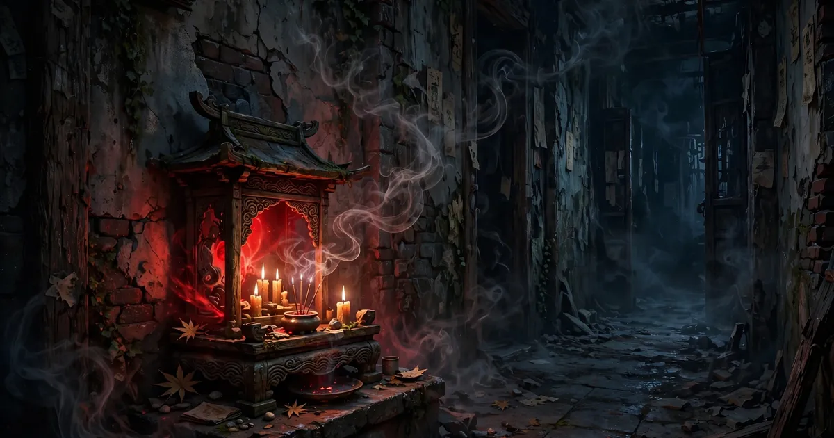 Glowing shrine altar with incense smoke and candles in a dark hallway