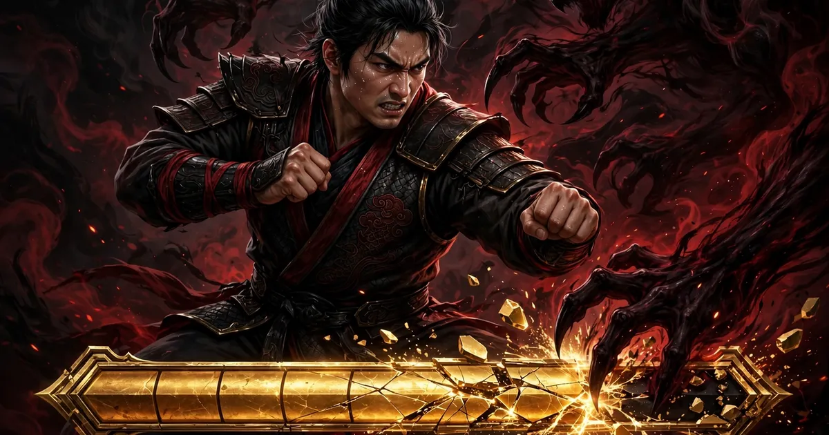 Fighter with a glowing stance bar cracking under enemy pressure, red and black artwork