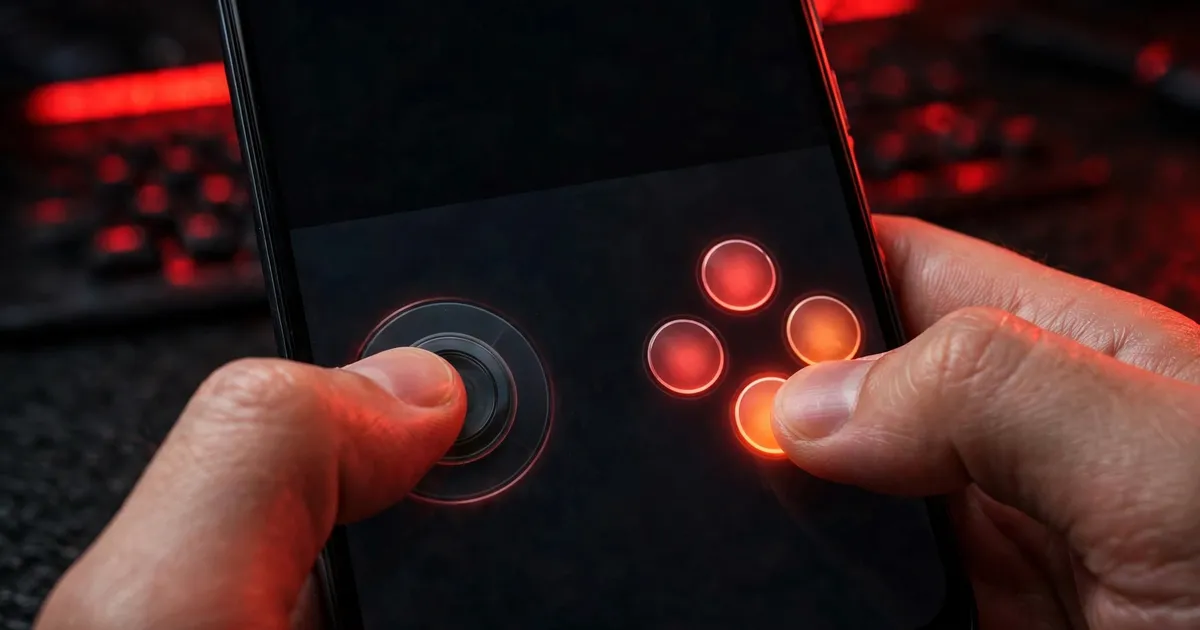 Thumbs on a phone screen with fighting game touch buttons, virtual joystick and attack buttons