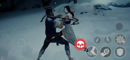 Sifu Mobile gameplay: kung fu fighter battling an enemy in a snowy sanctuary with touch controls visible