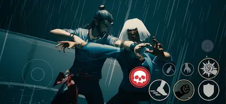 Sifu Mobile gameplay: close-quarters combat against a white-haired enemy in the rain